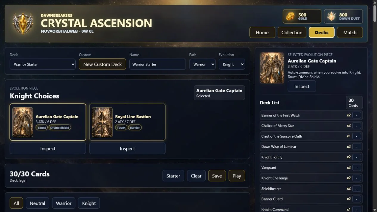 Deck builder screenshot from the current Dawnbreakers build