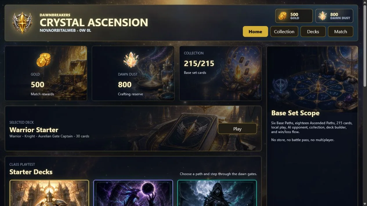 Dawnbreakers: Crystal Ascension current playable build home screen