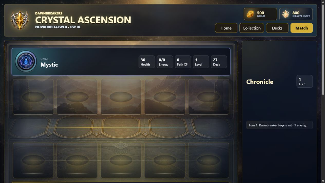Dawnbreakers: Crystal Ascension current playable prototype match board